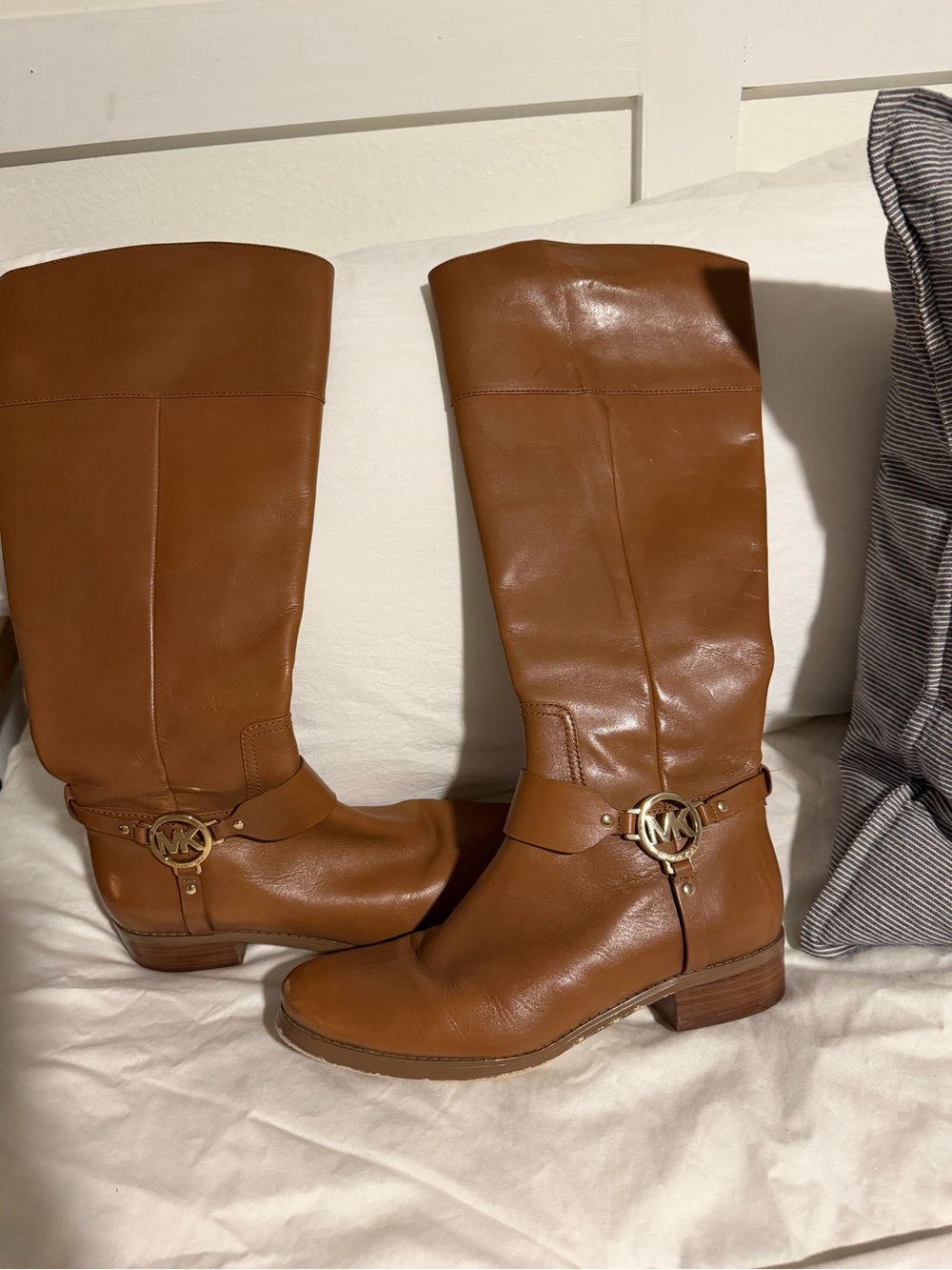 Michael Kors Cognac Leather Over-The-Knee Boots with Gold MK Accent